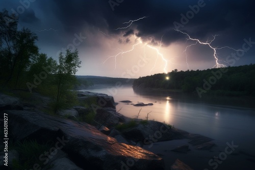 A lightning-filled thunderstorm on a river creates a natural disaster. Generative AI
