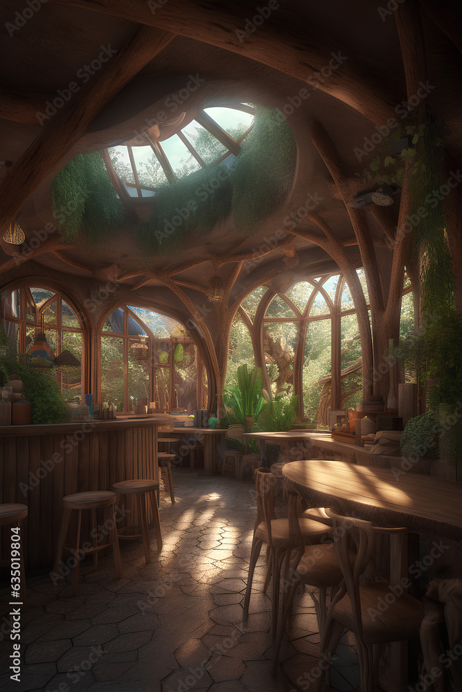 Interior of desolate fairy forest cafe