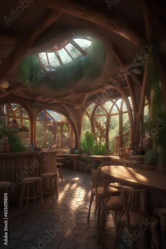 Interior of desolate fairy forest cafe