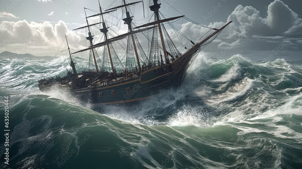 Obraz premium Ship in the stormy sea with huge waves. Giant stormy waves in the ocean and boat.
