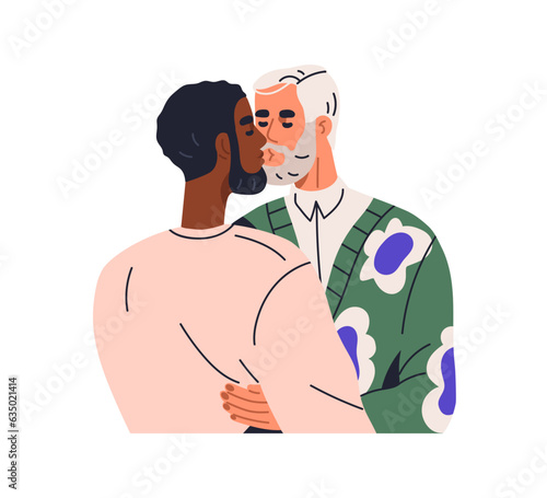 Gay couple kissing, hugging. Two happy men in romantic relationships. Homosexual love. LGBT partners, male lovers of different age, race. Flat vector illustration isolated on white background