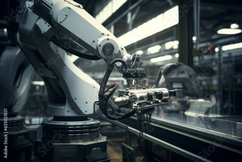 Precise robotic manipulator machine welding hand at factory's assembly line manufacturing process. Innovative advanced technologies robot arm helping people increase production factory effectiveness