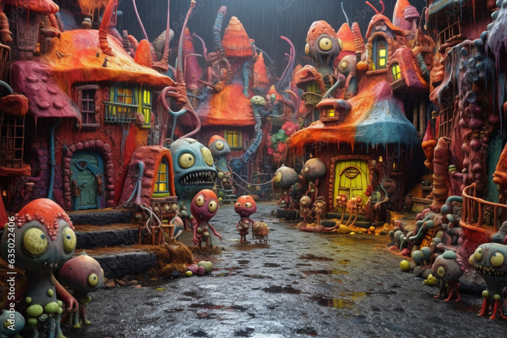 Fantasy fairytale alien monster village. Colorful monster alien houses, fantasy amazing design. generative AI illustration	
