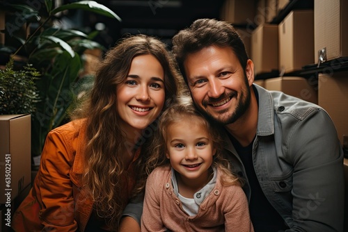 Happy young family with cardboard boxes in new home at moving day concept, excited mother, father and child sitting in big modern own house hallway surrounded by boxes and flowers.