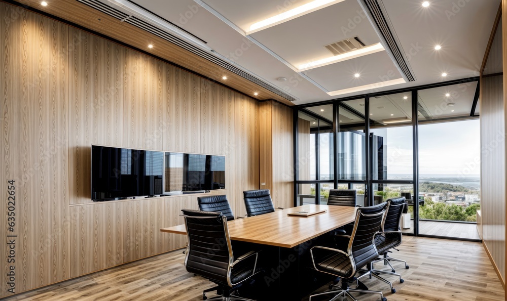 Modern Conference Room with Wooden Ceiling and Large Windows