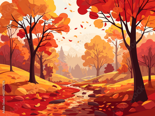colorful trees shed leaves, warm reds, oranges, yellows create picturesque landscape in a cozy vector illustration