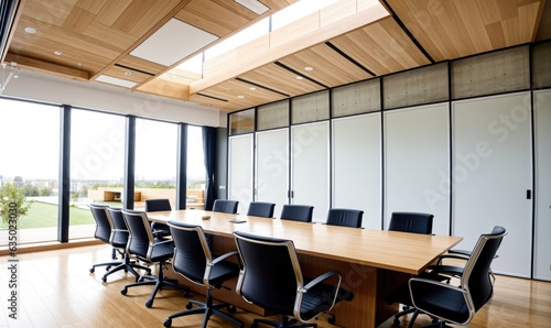 Modern Conference Room with Wooden Ceiling and Large Windows