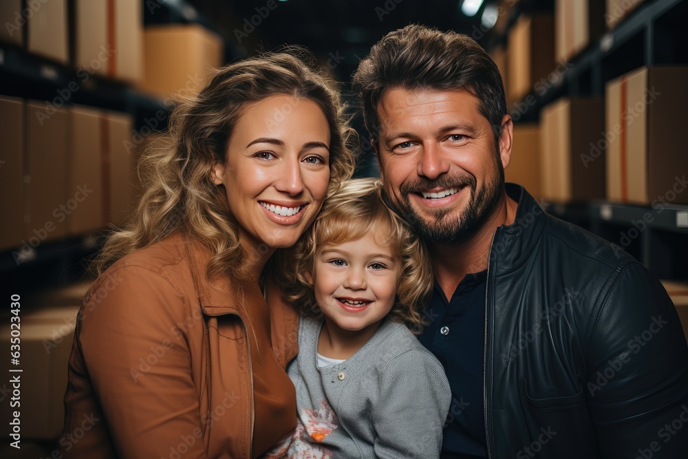 Happy young family with cardboard boxes in new home at moving day concept, excited mother, father and child sitting in big modern own house hallway surrounded by boxes.
