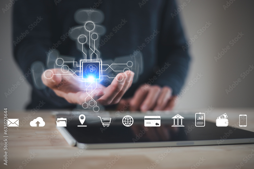 Fototapeta premium Digital transformation technology strategy, IoT, internet of things. transformation of ideas and the adoption of technology in business in the digital age, enhancing global business capabilities. Ai