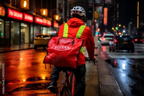 Food delivery courier person rushing bike bicycle cycling city streets red uniform order carrying bag backpack mail service package postman delivering packages transportation shipment service outdoors