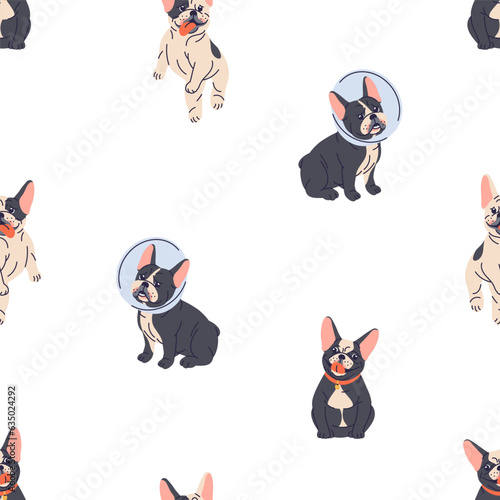 Cute dog, seamless pattern. Funny French bulldog breed, endless canine background. Happy doggy, pup in vet plastic cone, repeating print. Flat vector illustration for textile, fabric, decoration