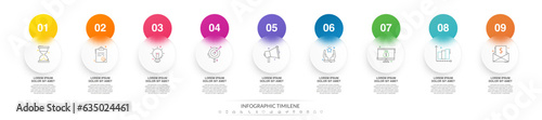 Modern vector minimalist infographic template composed of 9 circles and steps. Business design with marketing icons for nine options