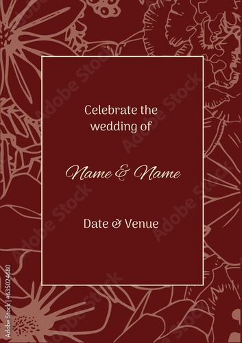 Composition of wedding invitation text over indian pattern on red background