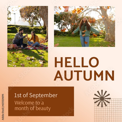 Composite of hello autumn text over happy diverse couple in autumn park