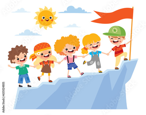 Success  And Teamwork Concept With Cartoon Kids