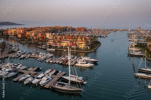 Sotogrande luxury exclusive living place in Andalusia , Spain coast captured from drone , aerial photography