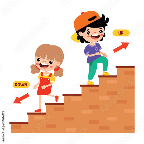 Cartoon Kids Walking Up And Down On Stairs