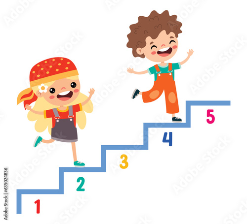 Cartoon Kids Walking Up On Stairs