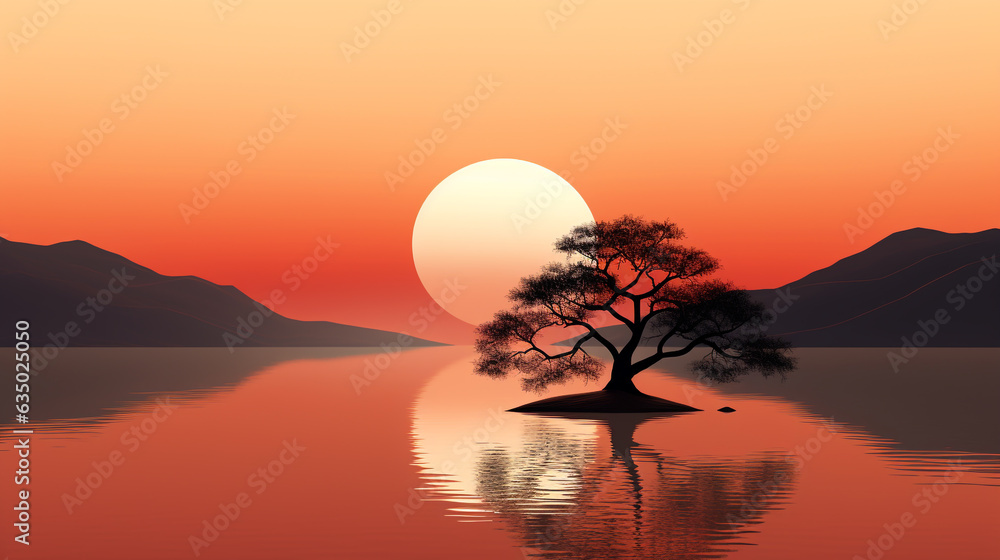 sunset on the lake. minimalist japanese landscape, illustration. Generative Ai. sunset on the lake. minimalist japanese landscape, illustration. Generative Ai.