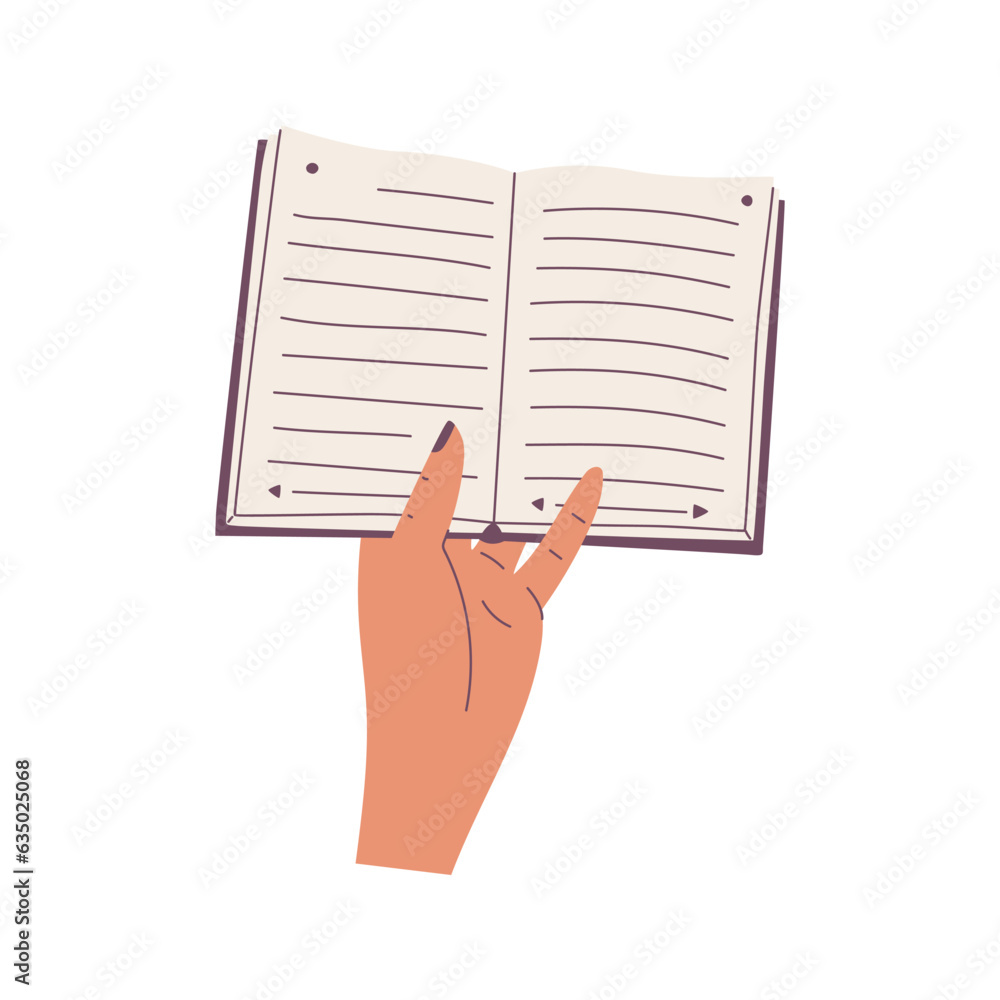 First-Person Perspective. A hand holding an open paper book. The process of reading, studying. Flat cartoon vector illustration isolated on a white background First-Person Perspective. A hand holding an open paper book. The process of reading, studying. Flat cartoon vector illustration isolated on a white background