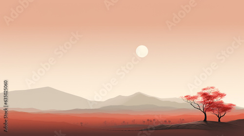 sunset in the mountains. minimalist japanese landscape  illustration. Generative Ai. 
