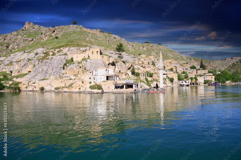 Halfeti Village with sunken mosque in Sanliurfa Province of Turkey
