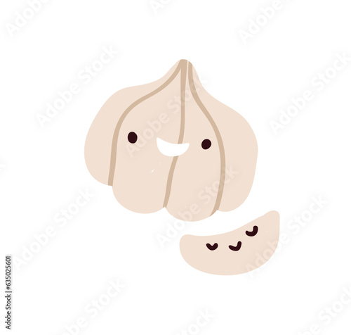 Cute funny garlic head and clove. Happy vegetable character, smiling face exp...