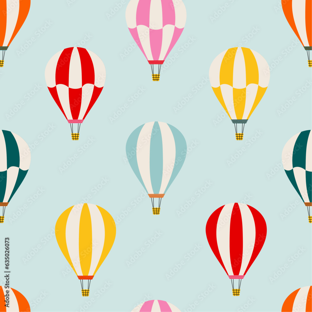 Bright seamless pattern with hot air balloons. Hand drawn balloon in the sky. Cute baby background. Funny decor for nursery, textiles, clothing, packaging, interior.
