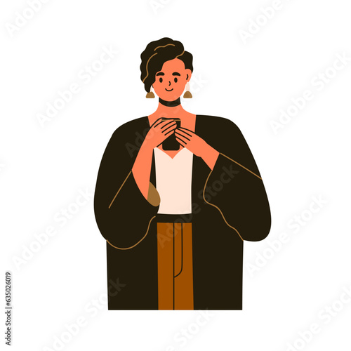 Business woman uses smartphone. Modern smiling girl surfing online, texting in internet, holding mobile smart phone in hand. Female and cellphone. Flat vector illustration isolated on white background