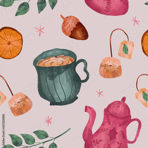 cozy autumn pattern tea time watercolor illustration