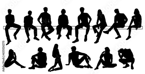 Vector silhouettes of men, women and teenagers sitting on a bench, different poses, a group of business people, black color, isolated on a white background