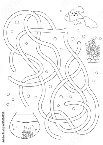 Vector maze isolated on white background. Help the fish find the aquarium. Education logic game labyrinth for kids. With the solution.
