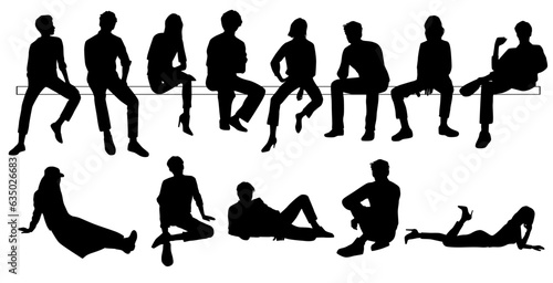 Vector silhouettes of men, women and teenagers sitting on a bench, different poses, a group of business people, black color, isolated on a white background