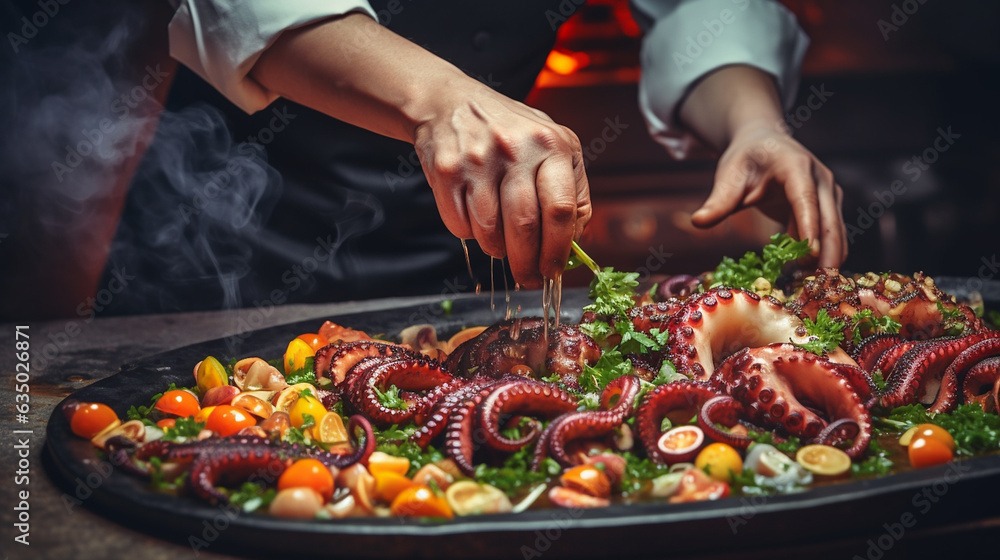 Cooking octopus with vegetables and spices. The chef is preparing food. Close-up side view.