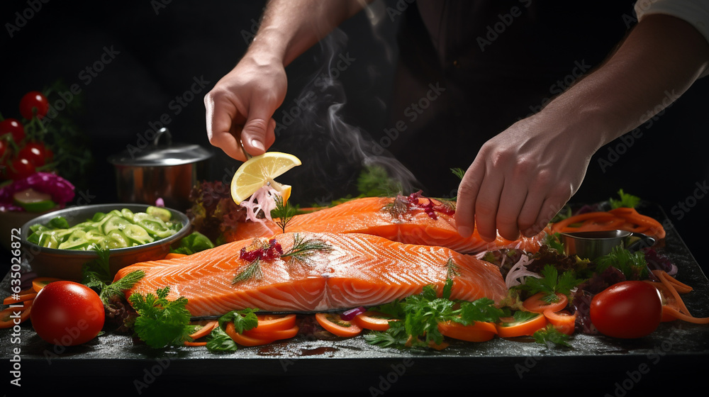 Cooking salmon with vegetables and spices. The chef is preparing food. Close-up side view.