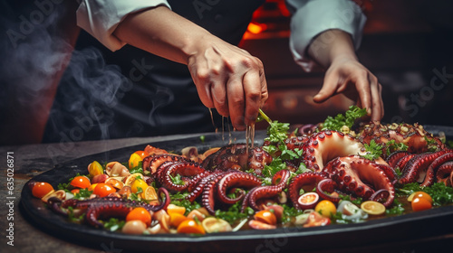 Cooking octopus with vegetables and spices. The chef is preparing food. Close-up side view.