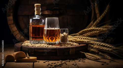 A glass of whiskey or brandy with a decanter. On the background of an oak barrel. Close-up side view.