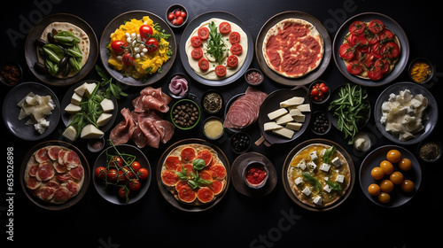 Set of food on the table. Italian cuisine. Top view. On a dark background.