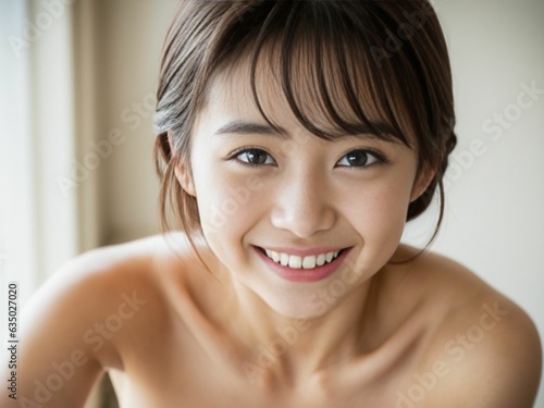 Portrait of Beautiful Asian / Japanese Woman, topless with her Smooth skin look at camera on White background in Studio light. generative AI.