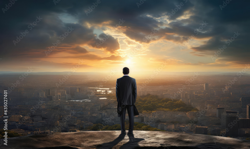 A businessman looks at the city and the sunrise from a height