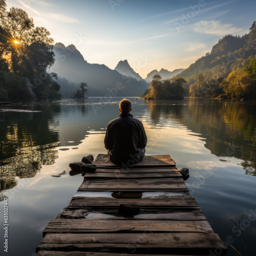 An old man was meditating by the lake © kalafoto