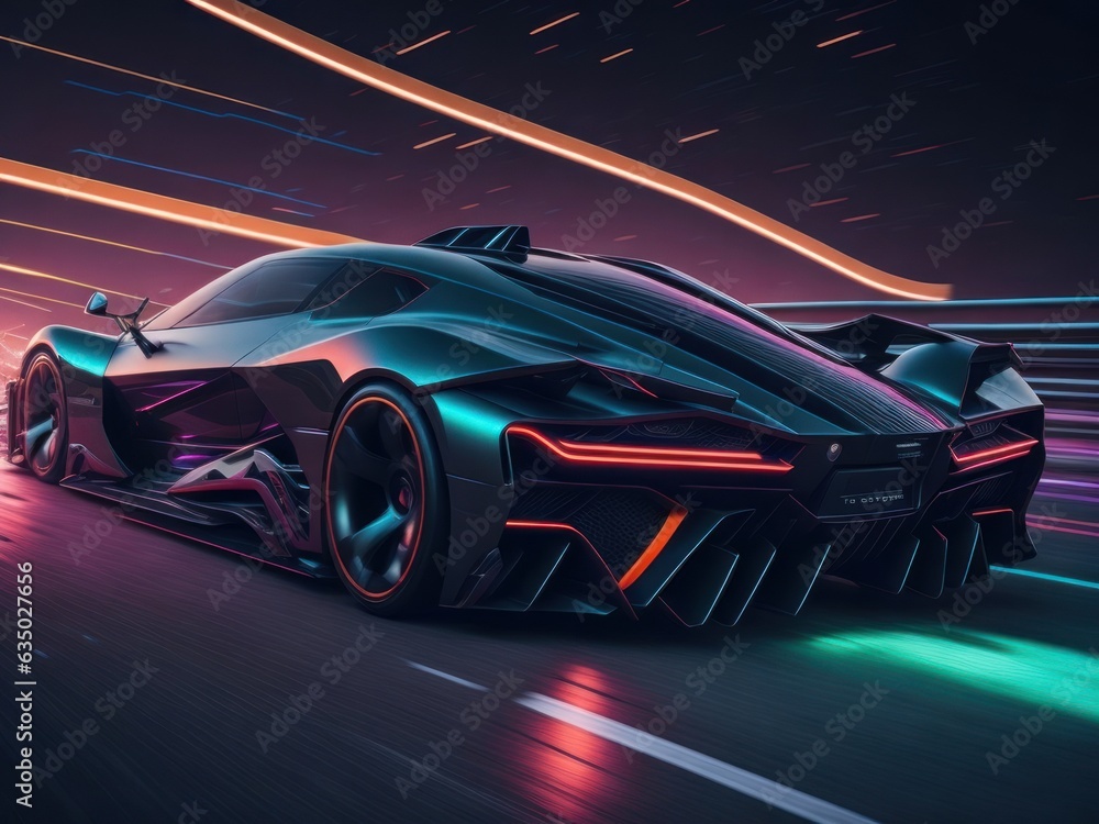 Futuristic Sports Car On Neon Highway, AI generated