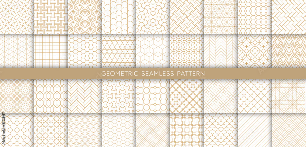 Vector set of 36 ornate seamless geometric pattern background with golden line in oriental and art deco style such as seashell, chevron, wave, hexagon, diamond with pattern swatch.