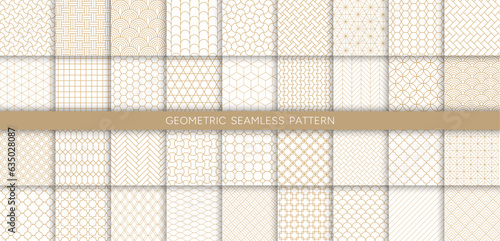Vector set of 36 ornate seamless geometric pattern background with golden line in oriental and art deco style such as seashell, chevron, wave, hexagon, diamond with pattern swatch.