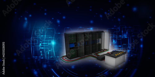 3d illustration Data center server with invertor battery