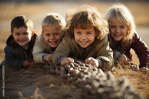 Children playing a friendly game of tug-of-war - stock photography concepts