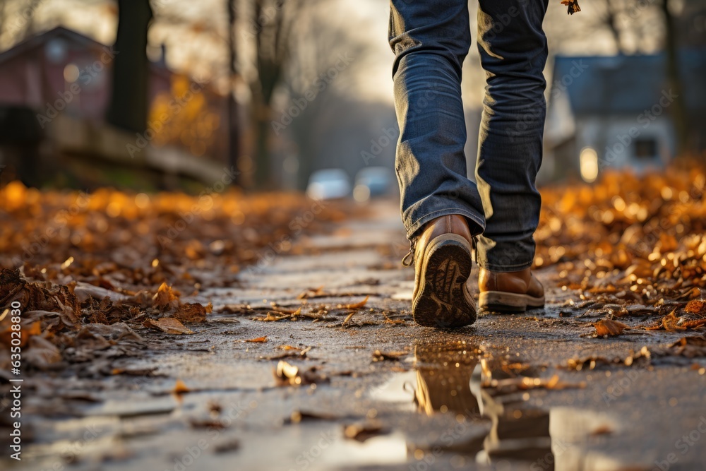 Close-up of a persons feet walking on a winding road - stock photography concepts Close-up of a persons feet walking on a winding road - stock photography concepts
