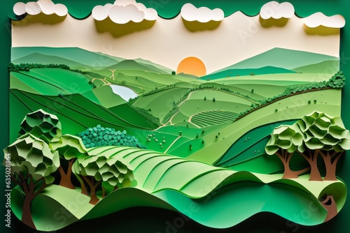 green hills with bushes and trees on a warm bright day. paper art style. Japanese origami. cardboard landscape. realistic papercut.