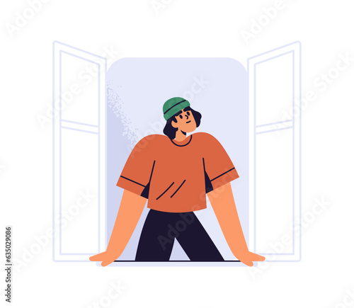 Person looking out of window wide open. Man breathing fresh air, watching from apartment, house, home outside. New opportunity concept. Flat vector illustration isolated on white background