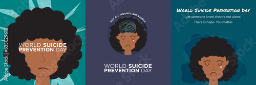 Set of World Suicide Prevention Day Artworks. Cartoon head concept. Editable Vector Illustration. EPS 10.
